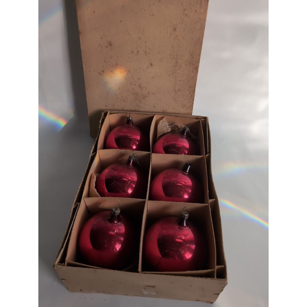 Antique Box Czechoslovakia Christmas Ornaments Red Glass Blown Mercury Large